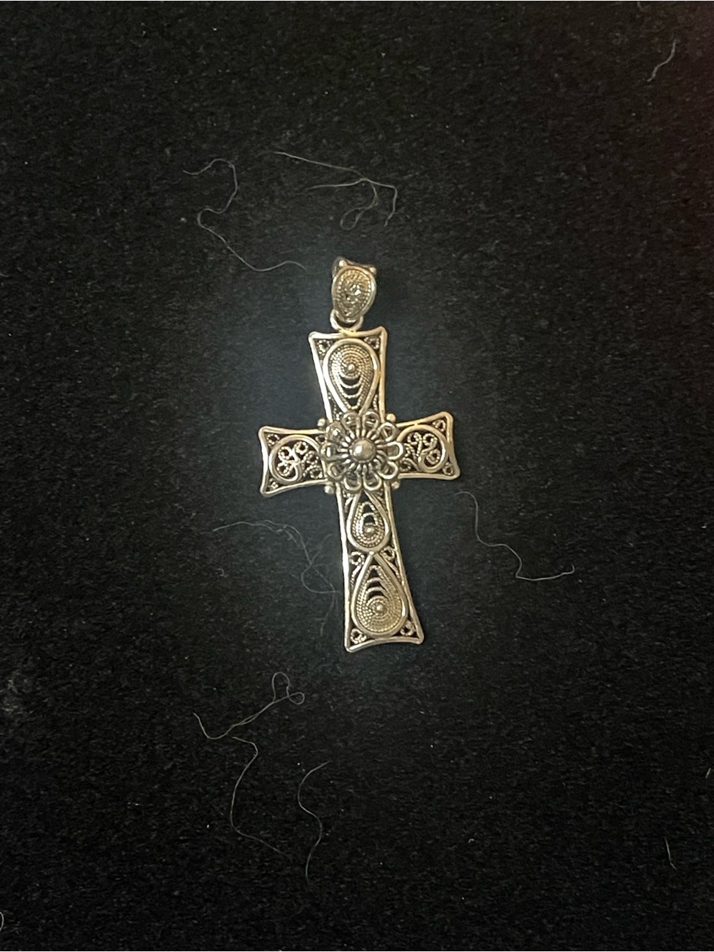 Intricate Silver Filigree Cross Pendant - Floral Center